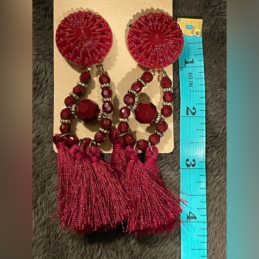 Bohemian style bead and tassel earrings - NWT - red and gold 4” and lightweight - Picture 3 of 4